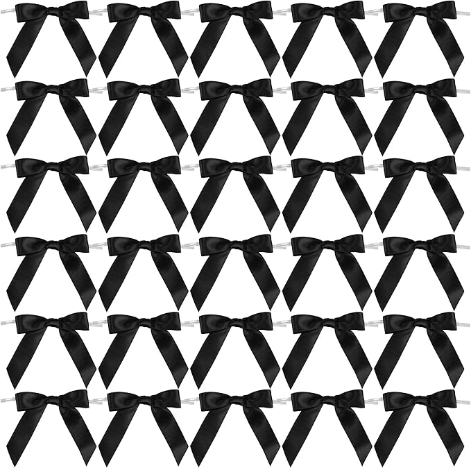 AIMUDI Black Bows 2.5" Satin Bows for Gift Wrapping Twist Tie Bows for Crafts Pre-Tied Black Satin Ribbon Bows Small Gift Bows for Treat Bags Party Favors Wedding Decorations - 50 Counts