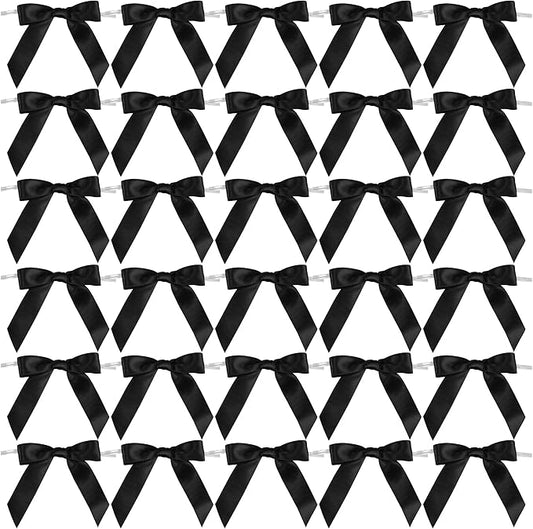 AIMUDI Black Bows 2.5" Satin Bows for Gift Wrapping Twist Tie Bows for Crafts Pre-Tied Black Satin Ribbon Bows Small Gift Bows for Treat Bags Party Favors Wedding Decorations - 50 Counts