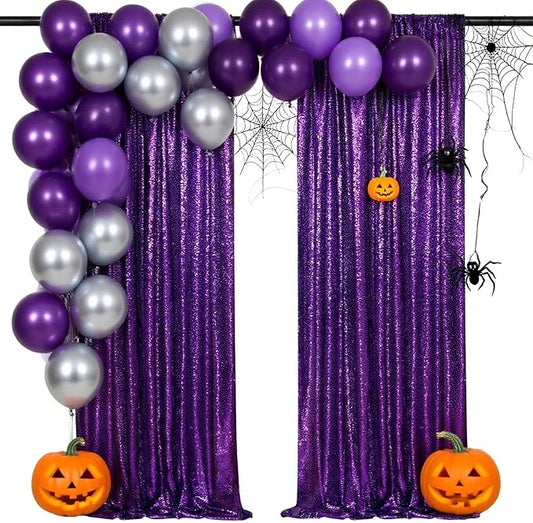 Purple Halloween Backdrop - Sequin Backdrop 2 Pieces 3x8FT Purple Glitter Drapes Fabric for Photography Wedding