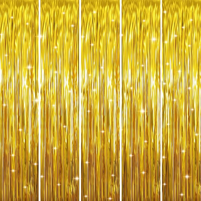 GOER 3.2 ft x 9.8 ft Metallic Tinsel Foil Fringe Curtains Party Photo Backdrop Party Streamers for Birthday,Graduation,New Year Eve Decorations Wedding Decor (Gold,5 pcs)
