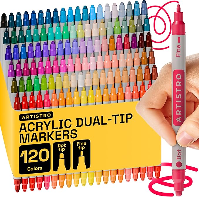 ARTISTRO 120 Acrylic Paint Pens, Acrylic Paint Markers, Fabric Markers for Textile, Canvas, Rock, Glass, Wood, Paper, Pumpkin, DIY (Dual Tip Dot + Fine, 120)
