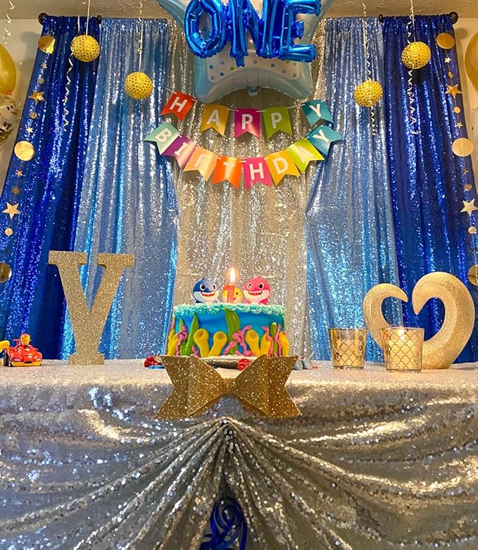 Poise3EHome 2Pcs 3Ft x 8Ft Baby Blue Sequin Backdrop Curtain, Glitter Photography Background, Sequence Xmas Thanksgiving Backdrop for Wedding Party Holiday Festival Decor