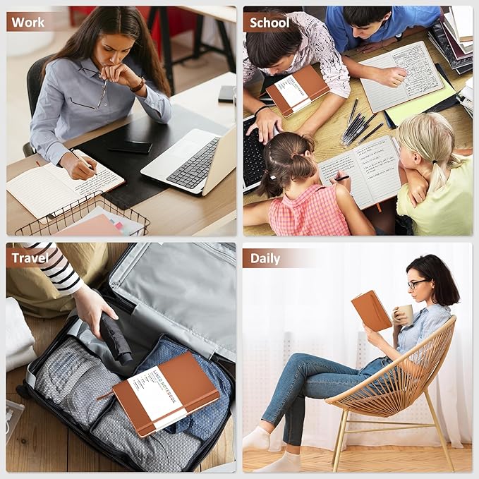 Lined Journal Notebook for Women Men, 200 Pages A5 Hardcover Leather Journals 5.7” x 8.3”, A5 College Ruled Notebooks with 100 GSM Thick Paper for Writing,Travel,School,Office,Work,Business(Brown)