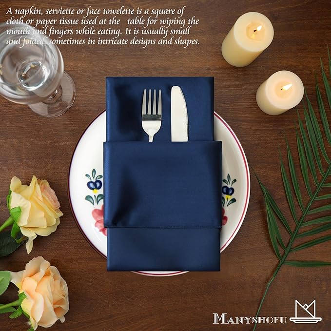 Manyshofu 60 Navy Blue Satin Napkins - 20x20 Inches Square Fabric Napkins Set - Soft & Reusable for Wedding Dinner Party Lunch