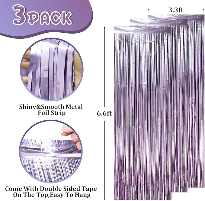 3 Pack 3.3 x 6.6 ft Lavender Foil Fringe Backdrop Curtains, Tinsel Streamers Party Decorations, Fringe Backdrop for Birthday, Baby Shower, Gender Reveal, Graduation