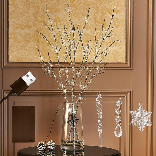 Fudios Lighted Willow Branches Christmas Glitter Battery Operated 32IN 120 LED Fairy Lights, Brown Branch Lights for Home Holiday Decoration Indoor Outdoor