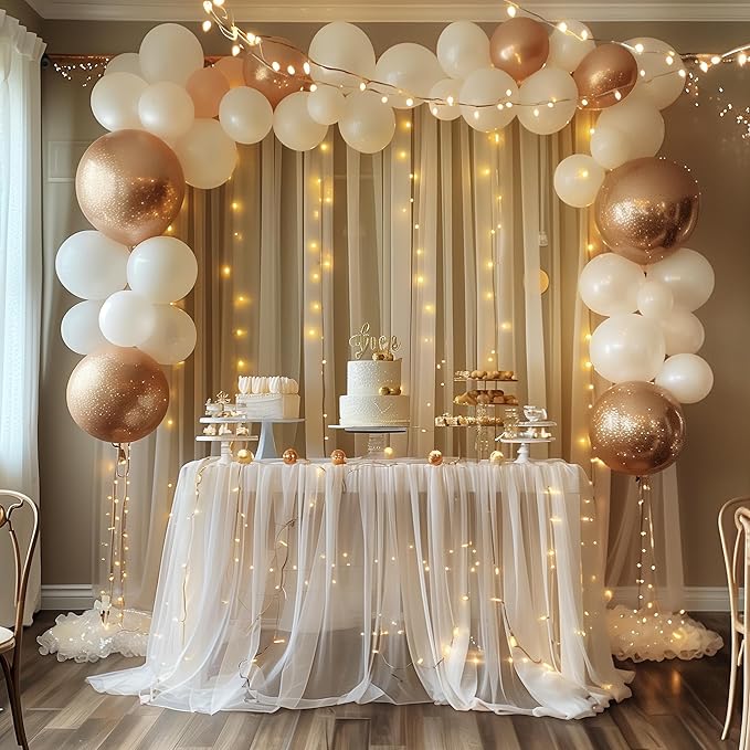 Fomcet Tulle Backdrop Curtains Champagne 30FT X 8FT Tulle Curtains with Lights String Sheer Backdrop Curtain for Parties Wedding Baby Shower Photo Shoot Decorations (6 Panels 5 x 8FT)