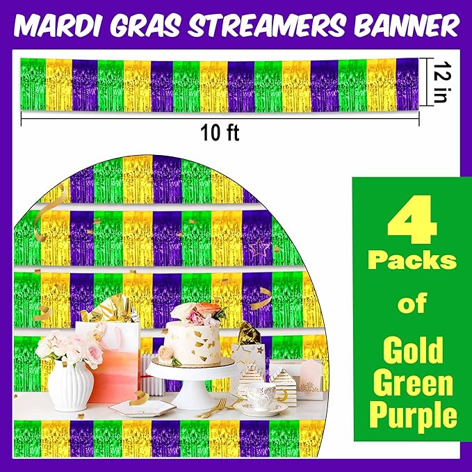 4 Pack 10 Ft Gold Green Purple Foil Fringe Garland Metallic Streamers Tinsel Banner Wall Hanging Garland Backdrop for Parade Floats, Halloween, Christmas, Thanksgiving, New Year Party Decorations