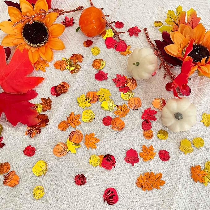 200 Pcs Fall Glitter Confetti - Autumn Foil, Thanksgiving Maple Leaves, Turkey, Pumpkin, Pinecones, Acorn Sprinkles for Table Decorations and Party Supplies 30g