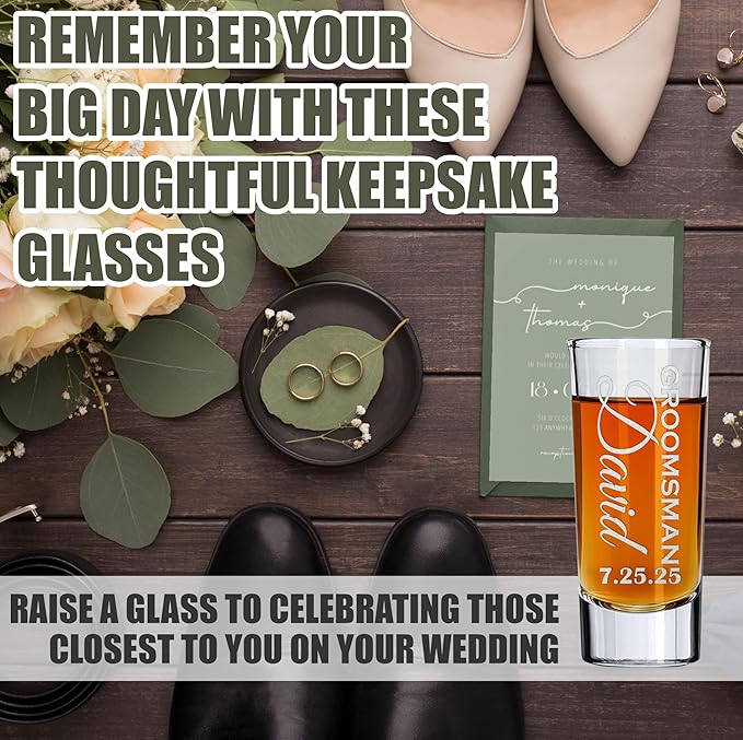 Custom Engraved 2 oz Shot Glass – Personalized Etching – Groomsman & Bridesmaid Gift – Wedding Favor Set of 4