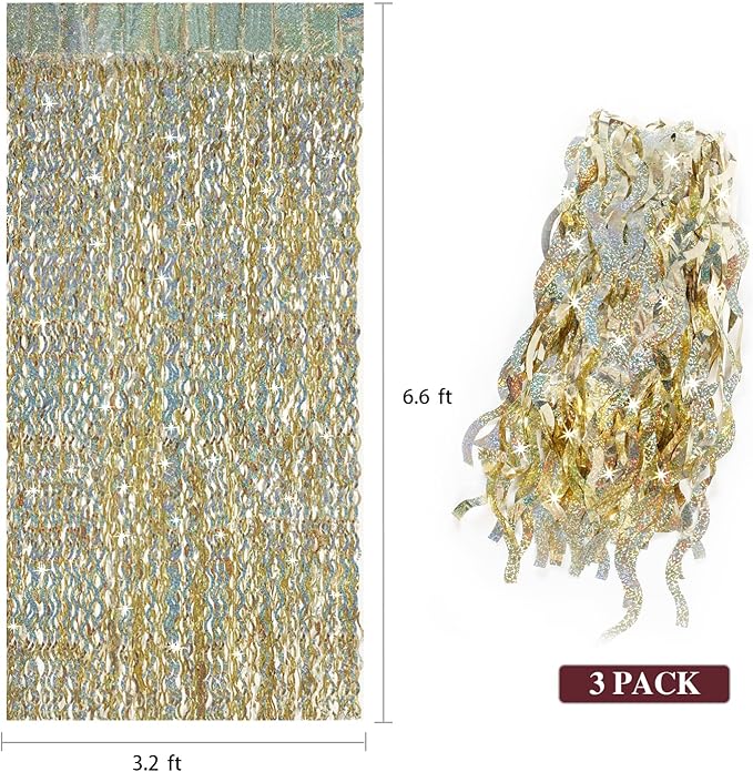 Champagne Gold Foil Fringe Backdrop - CYLMFC 3 Pack 3.3 ft x 6.6 ft Sparkle Tinsel Foil Fringe Backdrop Curtains for Birthday Anniversary Retirement Party Decorations