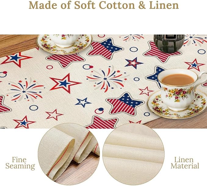 4th of July Table Runner, American Patriotic Independence Day Red Blue White Stars Stripes Fireworks Print Table Runner for Home Party Decor Kitchen Dining Table, 13x60inch