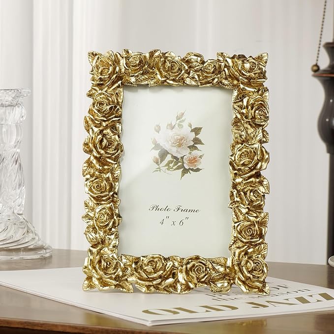 Cuspin Vintage Gold 4x6 Picture Frame, Gold Ornate Rose Flower Resin Photo Frame with Glass Front for Tabletop or Wall Hanging, Antique Picture Frames for Home Office Decor