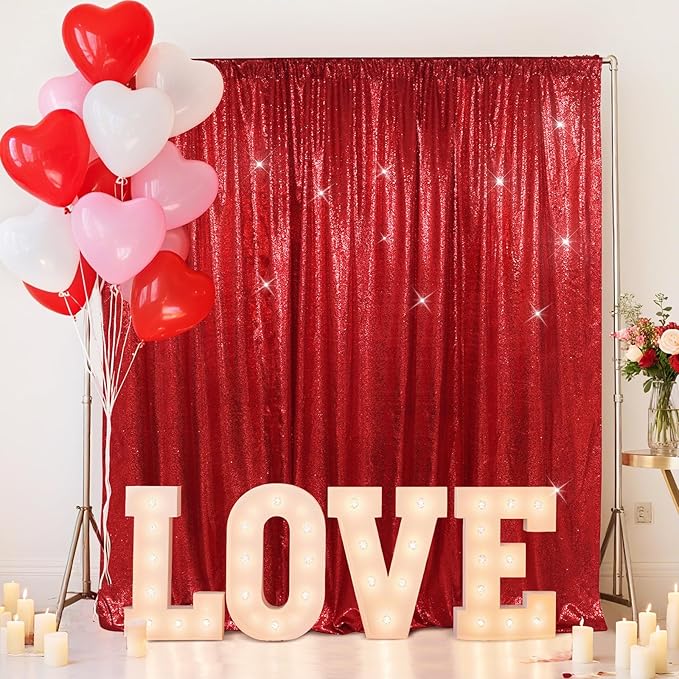 SquarePie Sequin Backdrop Less Transparent Background Sparkly Curtain for Wedding Party 4FT x 7FT Red