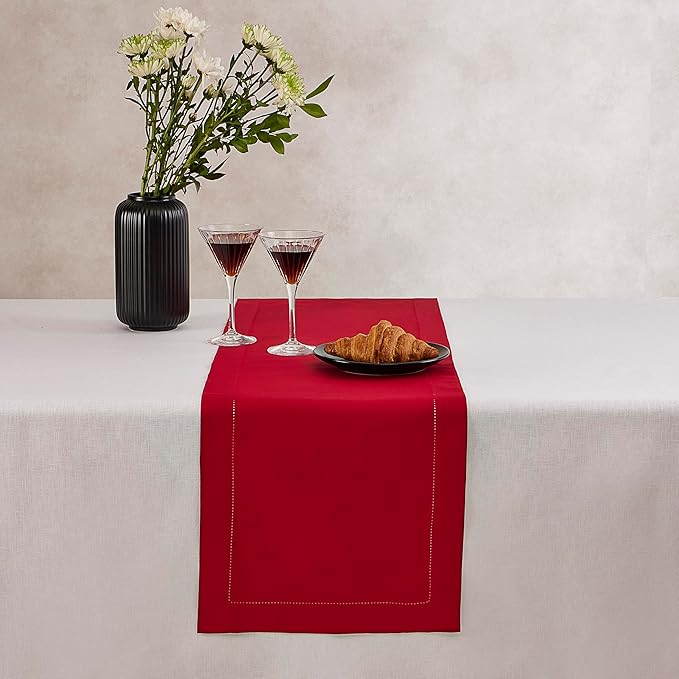 Red Table Runner 72 Inch – Cotton Linen Hemstitch Farmhouse Table Runner 14x72 – Washable Fabric for Dining, Fall, Halloween, Thanksgiving, Spring, Summer, Wedding, Everyday Décor – Serena