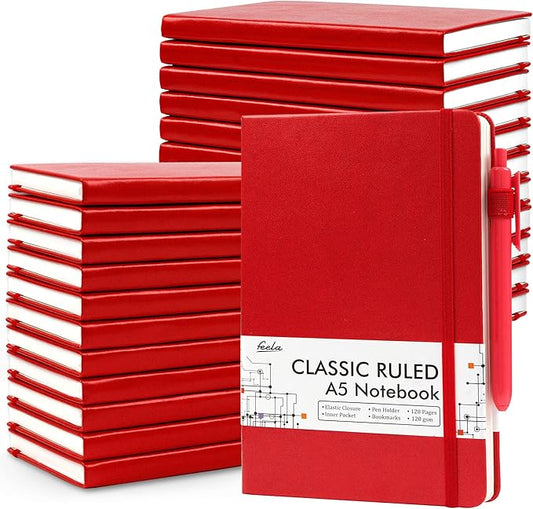 feela 24 Pack Journal Notebook for Work, Business Notebook Bulk Hardcover Lined Writing Journal with Pen Holder for Men Women Note Taking, with 24 Black Pens, 120 GSM, 5.1”x8.3”, A5, Red
