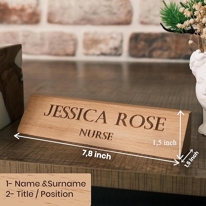 Custom Wooden Desk Name Plate – Personalized Engraved Name & Title Sign – Natural Wood Office Decor for Doctor, Teacher, Boss, Nurse, or Employee – Handmade Professional Desk Gift