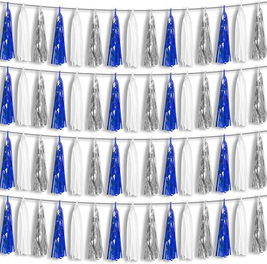 4P Navy-Blue White-Silver Foil Fringe Metallic Tassel Garland Banner, Tassels Banner Streamers for Parade Floats, Bachelorette, Wedding, Birthday, Halloween, Bridal/Baby Shower Party Decorations