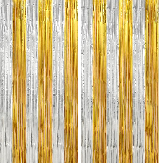 Crosize 2 Pack Foil Fringe Curtains Party Decorations, Gold Tinsel Curtain Backdrop for Parties, Door Streamers, Glitter Streamer Fringe Backdrop for Birthday Decoration (Gold and Silver, 2 Pack)