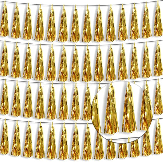 4P Gold Foil Fringe Tassel Banner Garland Metallic Tinsel Streamers Wall Hanging Curtain Backdrop Banner for Parade Floats, 2024 Graduation Decorations, Wedding Party Decoration