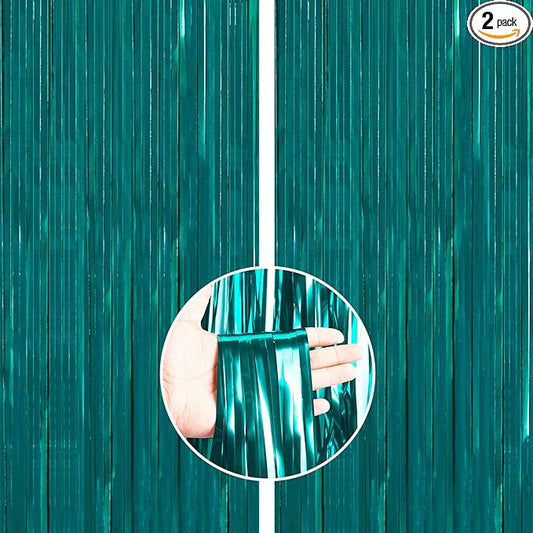 PartyWoo Foil Curtain 2 pcs, 3.3x6.6 ft Metallic Peacock Blue Tinsel Curtains, Backdrop Curtain, Foil Fringe Curtains, String Curtain, Birthday Decorations, Party Backdrop, Wedding Backdrop