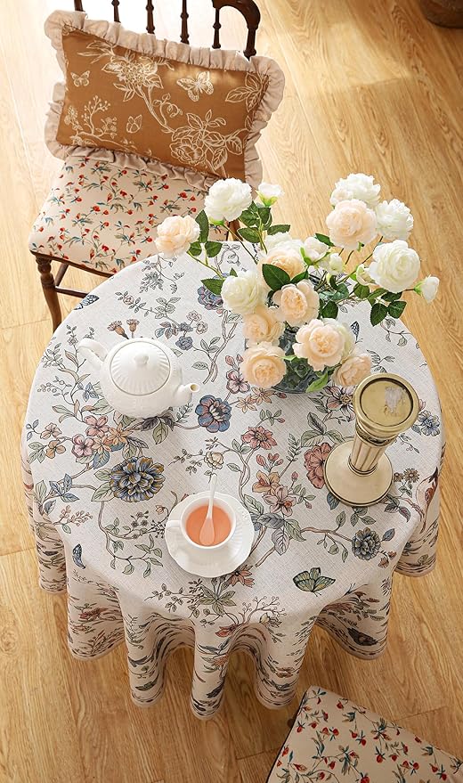 ISAENNE Designer French Light Beige Small Round Tablecloth,Linen Florals and Birds Pattern Table Cloth,Anti-Wrinkle Decorative Tablecloths for Dining Thanksgiving Kitchen,Diameter 55"-Cornucopia