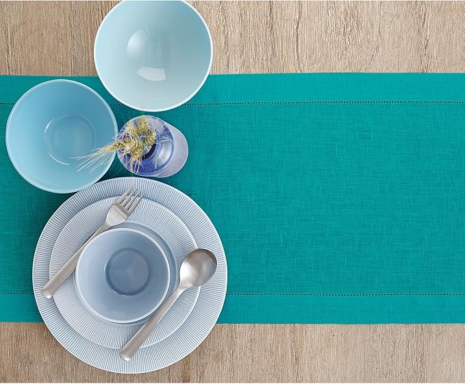 Solino Home Linen Table Runner 60 Inches - 100% Pure Linen Teal Hemstitch Table Runner 14 x 60 Inch Ideal for Dresser and Coffee Tables - Fall, Autumn, Thanksgiving, Christmas - Classic Hemstitch