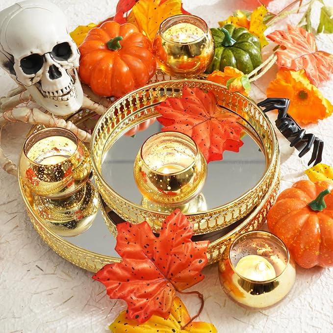 Homemory 12 Pcs Gold Votive Candle Holders, Round Mercury Glass Candle Holder, Tealight Candle Holders for Table Centerpieces, Baby Shower,Anniversary, Wedding, Home Decor, Halloween, Christmas