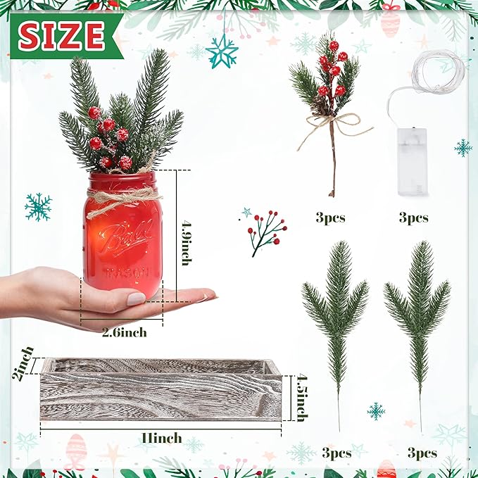 Christmas Mason Jars, Christmas Centerpiece Table Settings, Wood Tray with 3 Painted Jars, Dining Coffee Table Centerpiece, For Kitchen, Living Room, Colorful Mason Jar Decor with Flowers