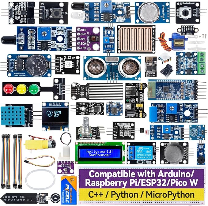 SunFounder Universal Maker Sensor Kit Compatible with Arduino Mega 2560/Uno R3/R4 Minima/WiFi Nano, Raspberry Pi 5/4B/3B+/Zero 2 W/, Pico W, ESP32, C++, Python, MicroPython, Beginners & Engineers