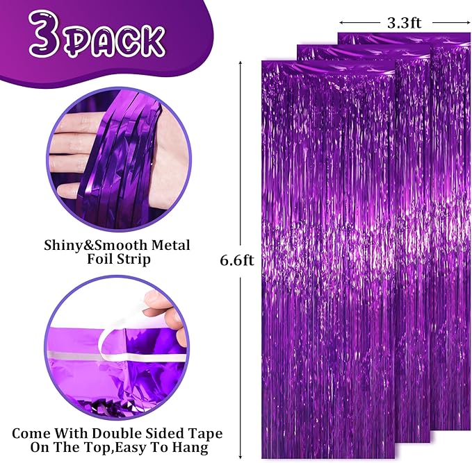 3 Pack 3.3 x 6.6 ft Purple Foil Fringe Backdrop Curtains, Tinsel Streamers Party Decorations, Fringe Backdrop for Birthday, Baby Shower, Gender Reveal, Graduation