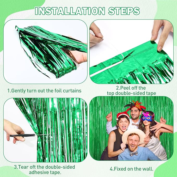 Green Foil Curtain Backdrop, 2Pack Green Metallic Tinsel Foil Fringe Curtains Photo Booth Props for Birthday Wedding Engagement Baby Shower Bachelorette Christmas Celebration Jungle Party Decorations