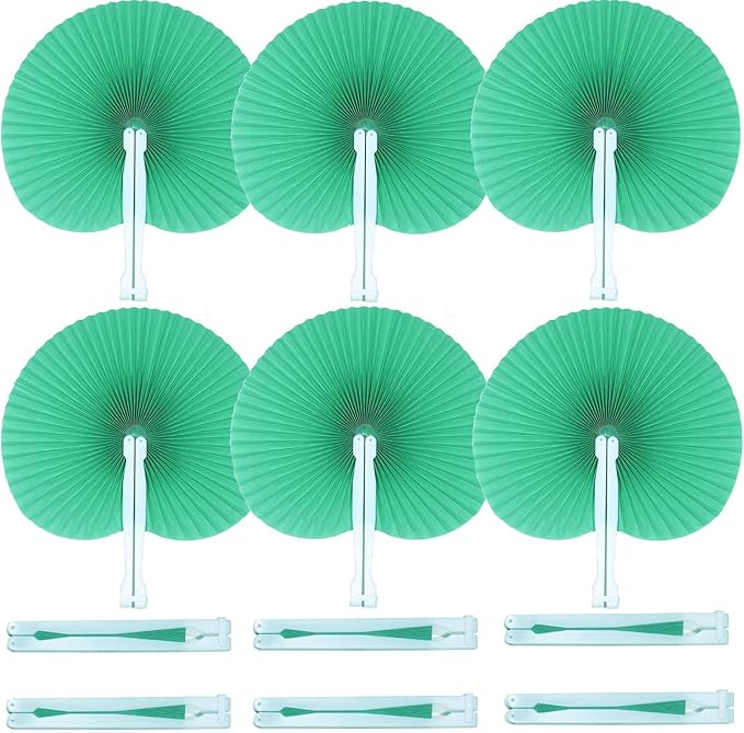 12 Packs Decorative Paper Folding Hand Fans Handheld,Green Round Foldable Wedding Fans Chinese and Japanese Fans Bulk for Bridal Guest Church Party Favors Dancing Birthday DIY