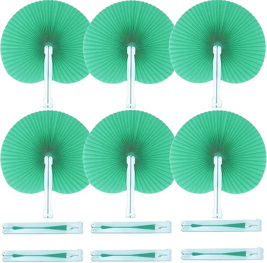 12 Packs Decorative Paper Folding Hand Fans Handheld,Green Round Foldable Wedding Fans Chinese and Japanese Fans Bulk for Bridal Guest Church Party Favors Dancing Birthday DIY