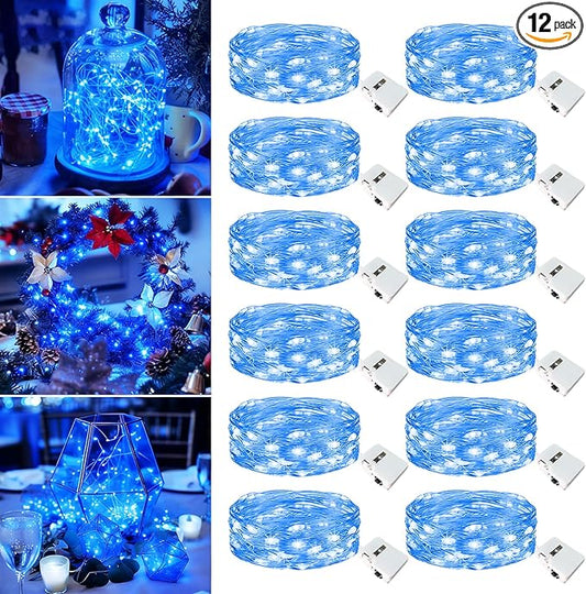 12 Pack Fairy Lights Battery Operated - 7ft 20 Led Twinkle Lights 3 Modes, Bulk Mini String Lights Waterproof for Mason Jars Vases DIY Party Wedding Decoration Christmas -Blue