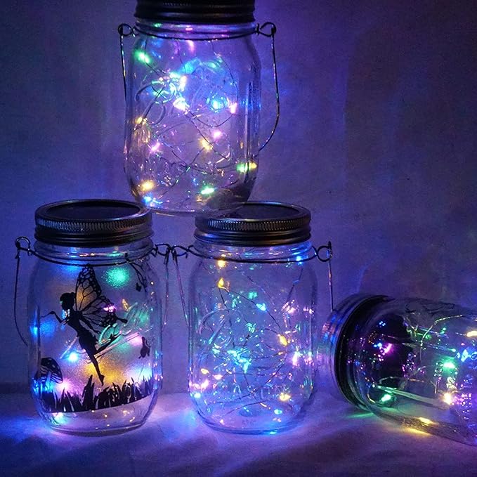 Solar Mason Jar Lid String Lights, 8 Pack 20 Led String Fairy Star Firefly Jar Lids Lights with 8 Hangers Included, for Patio Garden Wedding Lantern (Multi-Colored)