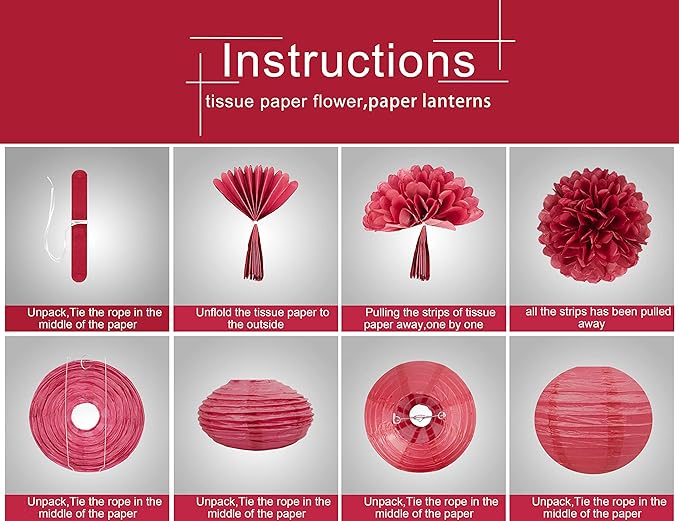 Red White Blue Party Decorations - 15Pcs Tissue Paper Flowers Pom Poms Paper Lanterns Birthday National Day American theme Hanging Decor