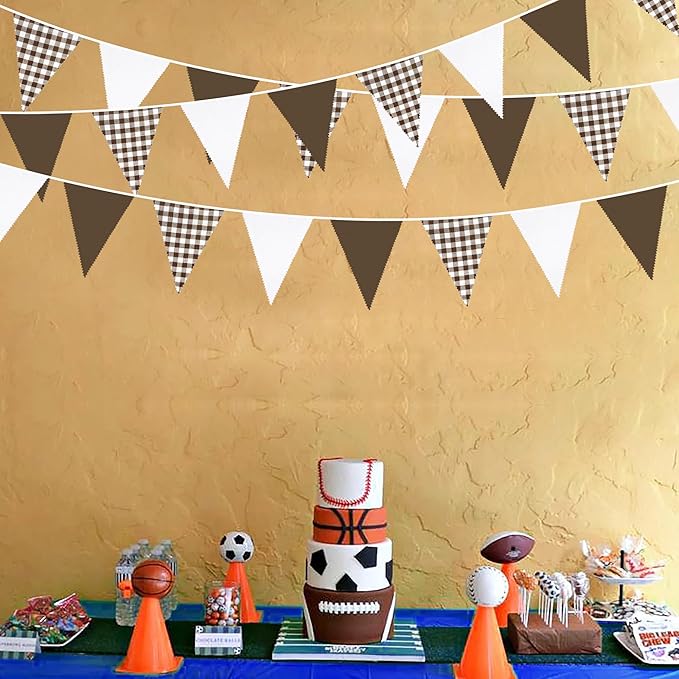 32Ft Coffee Brown Party Decorations Brown Buffalo Plaid Checkered White Triangle Flag Gingham Pennant Bunting Fabric Garland for Woodland Teddy Bear Baby Shower Birthday Home Outdoor Garden Decor