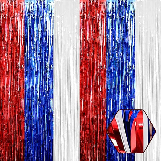 6 Pack White Blue Red Foil Fringe Curtain Backdrop, 3.28Ft x 8.2Ft Metallic Tinsel Foil Fringe Streamer Curtains for Photo Booth, Birthday, Wedding, New Year Party Decorations