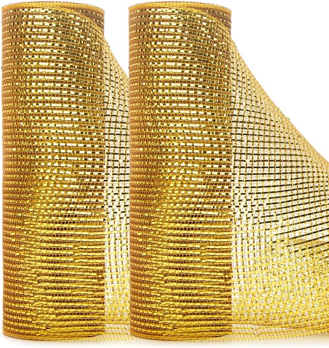Ribbli 2 Rolls Gold Metallic Mesh Ribbon Gold Deluxe Foil Christmas Ribbon for Christmas Tree Wreath Swags Wedding Garland 10 inch x 30 feet(10Yard) Per Roll