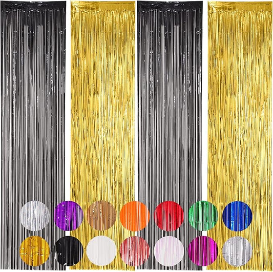 4 Pack Black and Gold Foil Fringe Backdrop Curtains, Tinsel Streamers Birthday Party Decorations, Fringe Backdrop for Graduation, Baby Shower, Gender Reveal, Disco Party