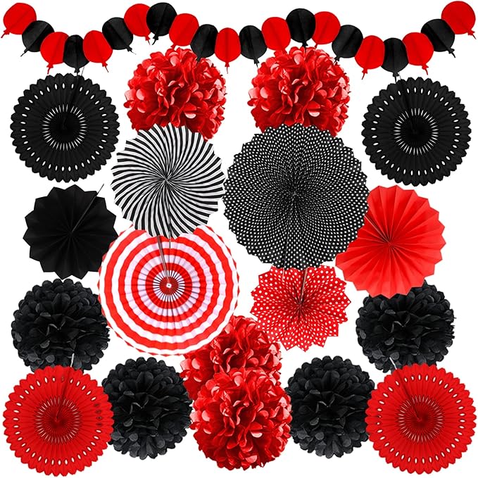 Red and Black Party Decorations, Papar Fans Pompoms Fans Garlands for Birthday Wedding Graduation Game Night Boy Girl Party Decorations