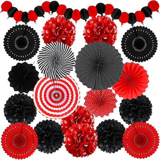 Red and Black Party Decorations, Papar Fans Pompoms Fans Garlands for Birthday Wedding Graduation Game Night Boy Girl Party Decorations