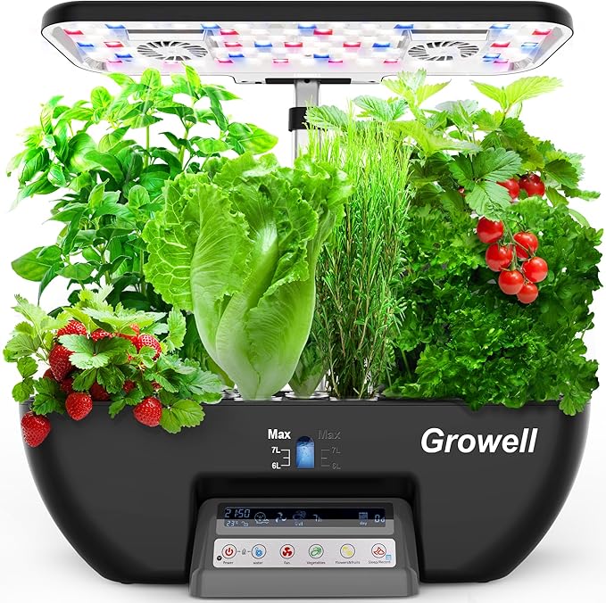 Hydroponics Growing System Kit, 17 Pods Herb Garden with 102 28W Full-Spectrum Grow Lights & 2 Fans, Indoor Garden with Water Pump, 10L Water Tank, Auto Timer, Height Adjustable (Black & Grey)