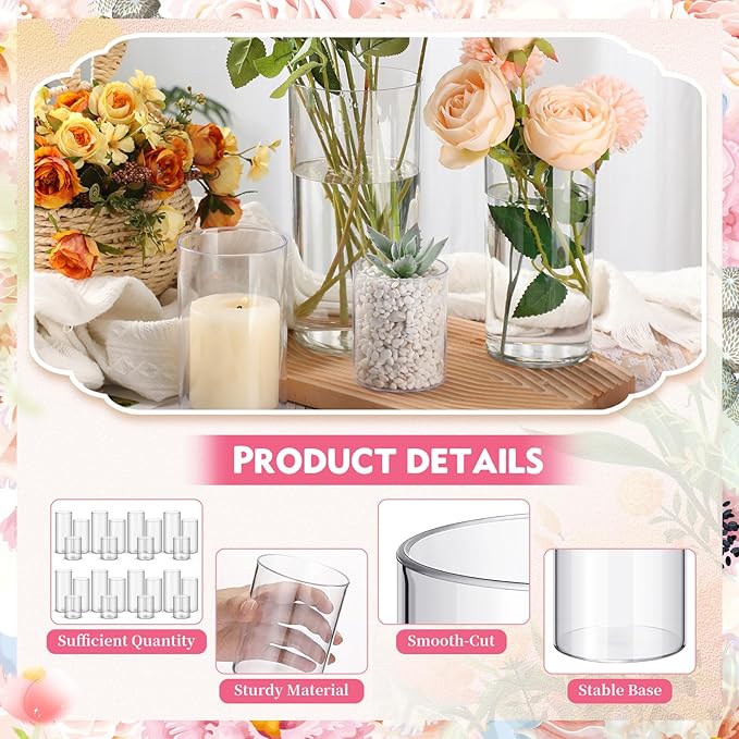 Nuogo 48 Pcs Plastic Cylinder Vases Tall Clear Flower Vases for Centerpieces Hurricane Candle Holder for Home Wedding Office Party Formal Dinners Decorations (4''/6''/8'')