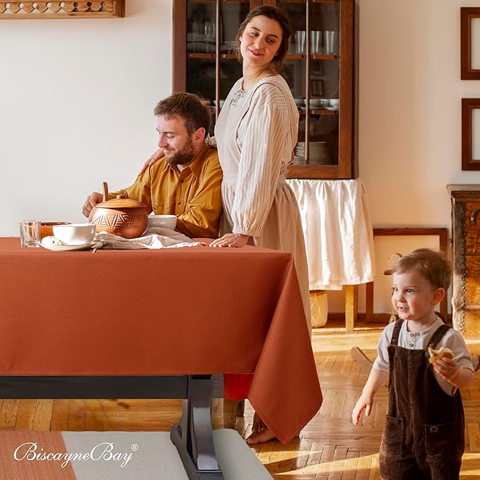 Biscaynebay Fall Tablecloth Textured Fabric 70x108 Inch Rectangular, Rust Thanksgiving Autumn Harvest Water Resistant Fabric Tablecloths for Kitchen, Dining, Wedding, Parties Machine Washable
