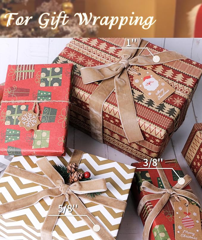 Khaki Velvet Ribbon 3/8'' 25 Yards for Christmas Tree, Gift Wrapping, Flower Bouquet, Wreath Decorations, Bow Making