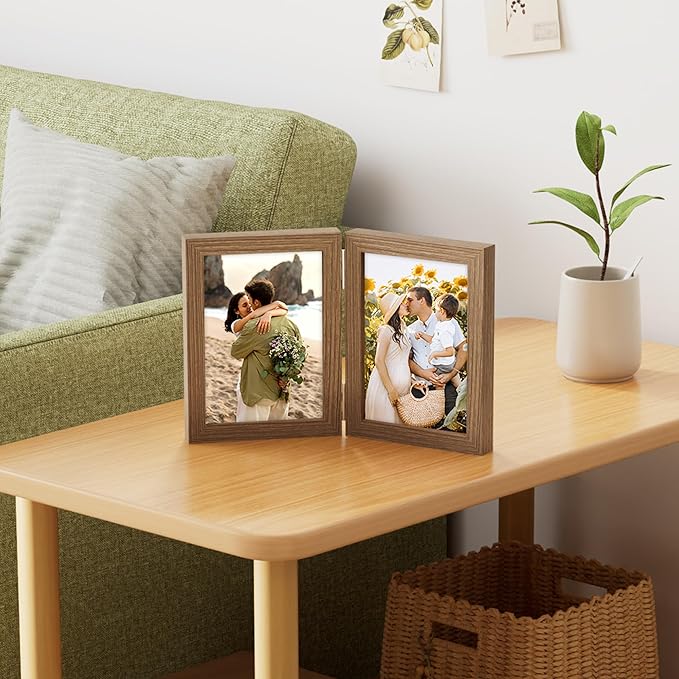 decorUhome Double 5x7 Picture Frame Vertical, Engineered Wood Bifold Photo Frame with Plexiglass for Tabletop Display, 5x7, Oak