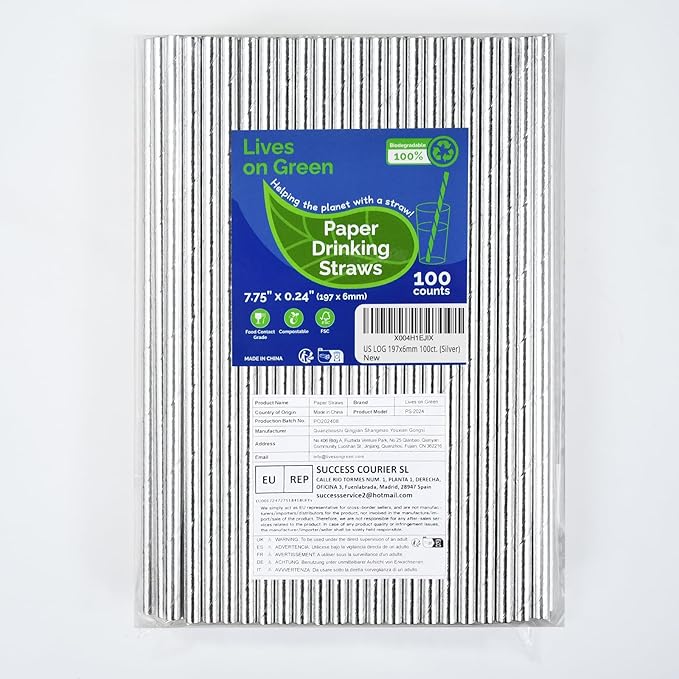 7.75" x 0.24" Silver Disposable Paper Drinking Straws for Cocktails, Party, Wedding, Bars, Restaurants, 100 Counts