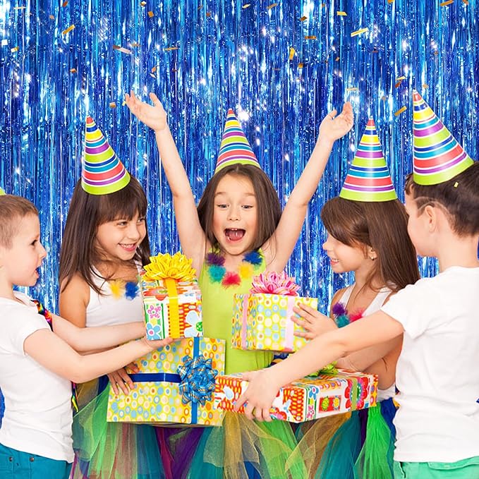 2 Pack Blue Metallic Tinsel Foil Fringe Curtains, Door Streamers Photo Booth Backdrop for Birthday Party, Tinsel Curtain Backdrop for Baby Shower Bachelorette Christmas Party Decorations